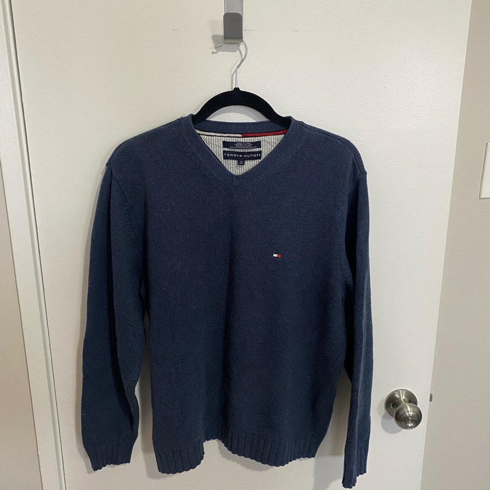 Tommy Hilfiger Blue V-Neck Sweater Classic Knit